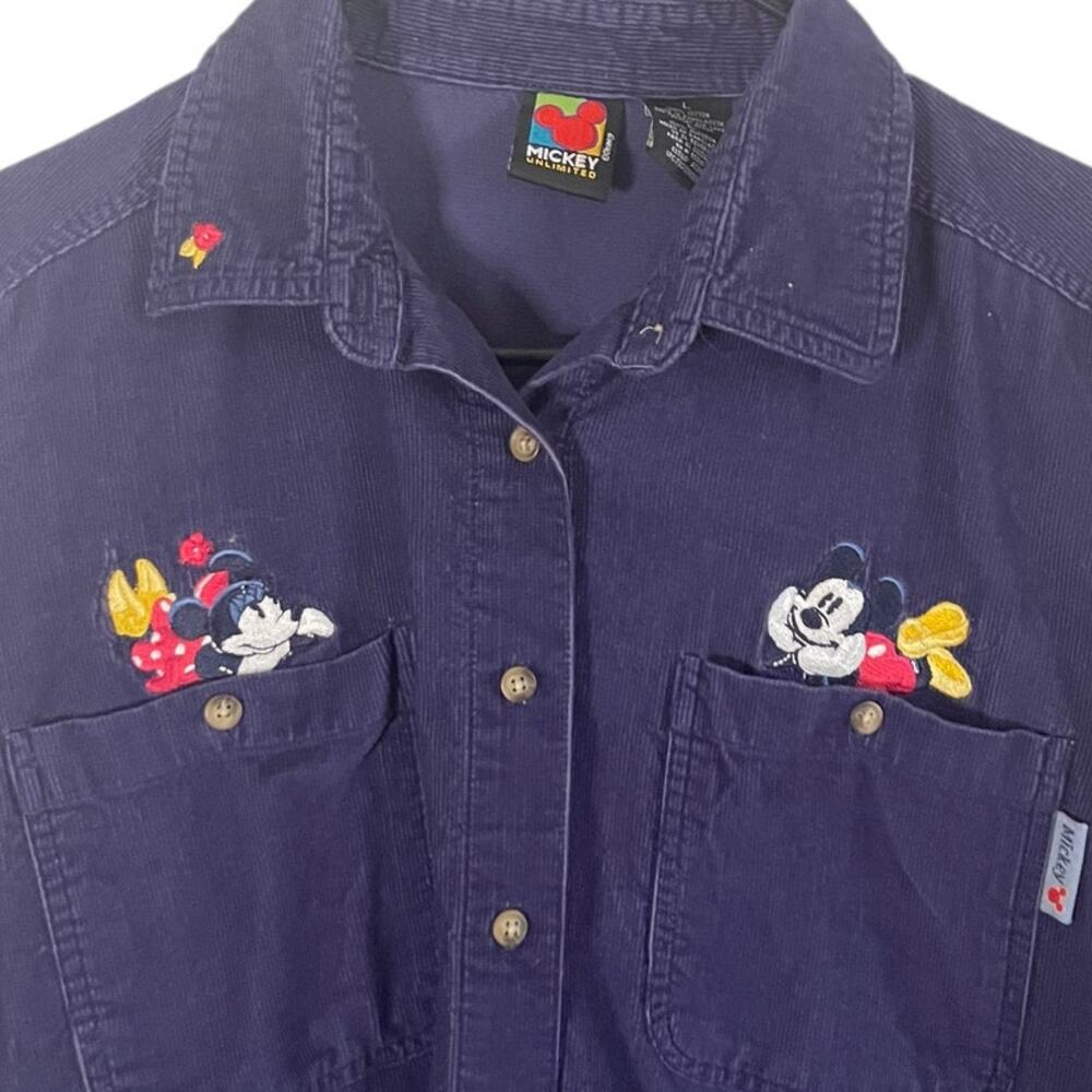 Mickey Vintage 90s‎ Size Large Artsy Cordouroy Blue Embroidered Button Up